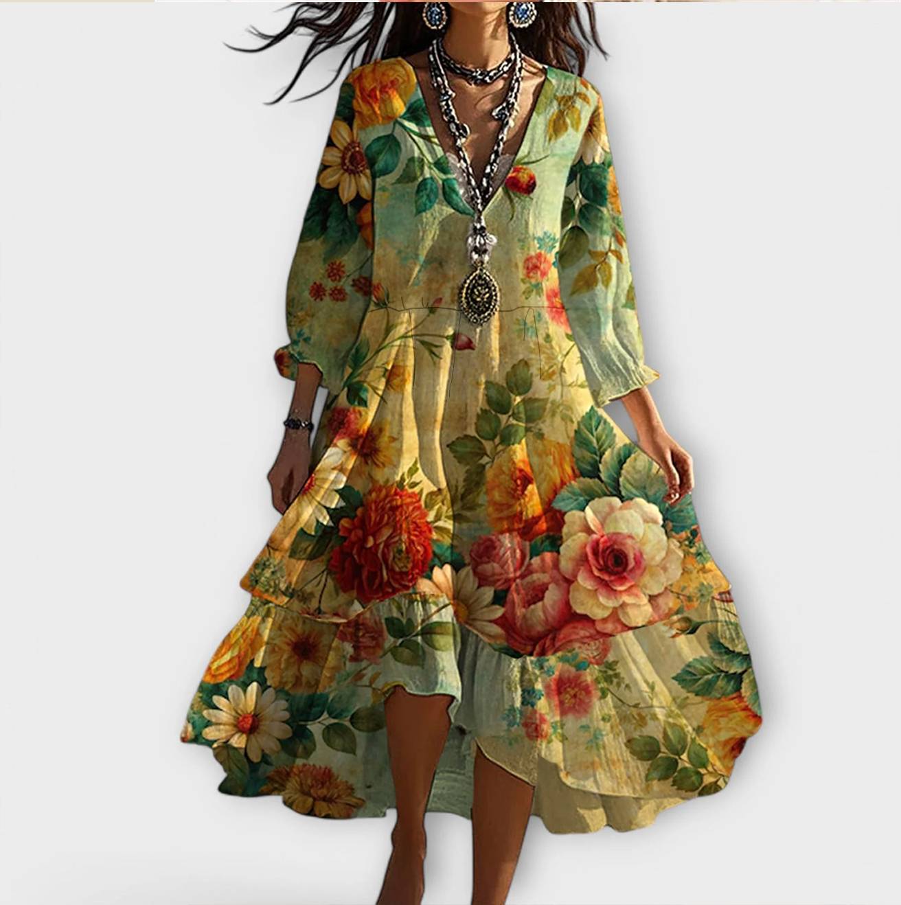 Marina - Robe vintage bohème à imprimé fleuri et encolure en V