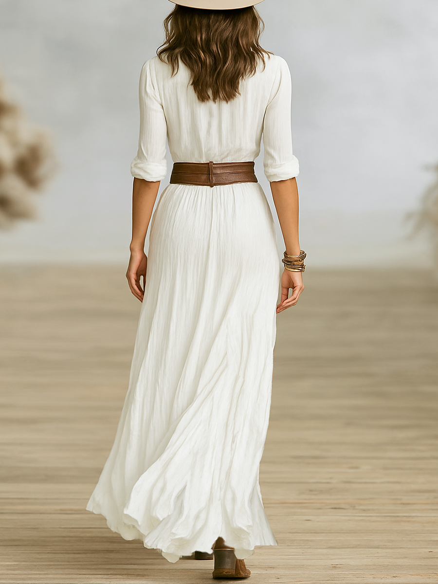 LUNA | ROBE MAXI LONGUE EN LIN À COL INVERSÉ